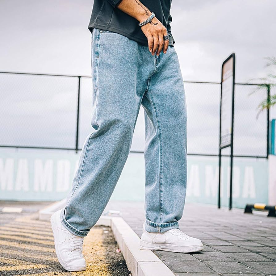 Focisa Jeans Men Pants Loose Straight Jeans Long Trendy Trousers Trousers Plus Size Men Jeans