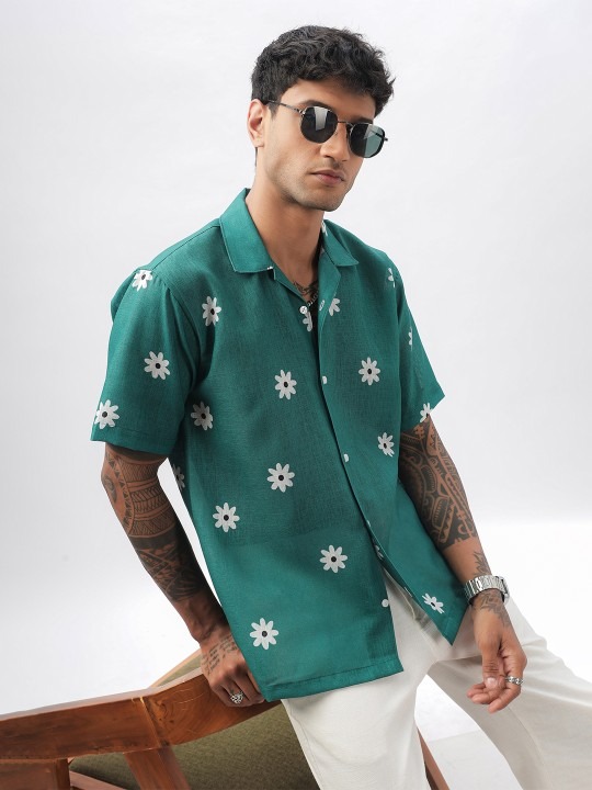 Men Relaxed Cuban Collar Floral Printed Linen Blend Casual Shirt
